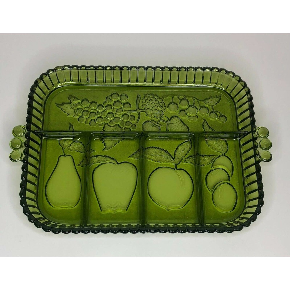 Vintage Olive Green Indiana Glass Divided Tray With Fruit Pattern Relish MidCent